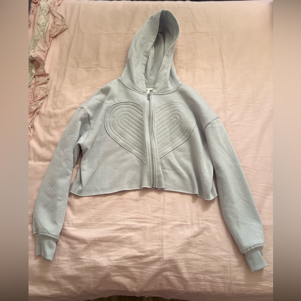 Light Blue Cropped Hoodie with Heart Design